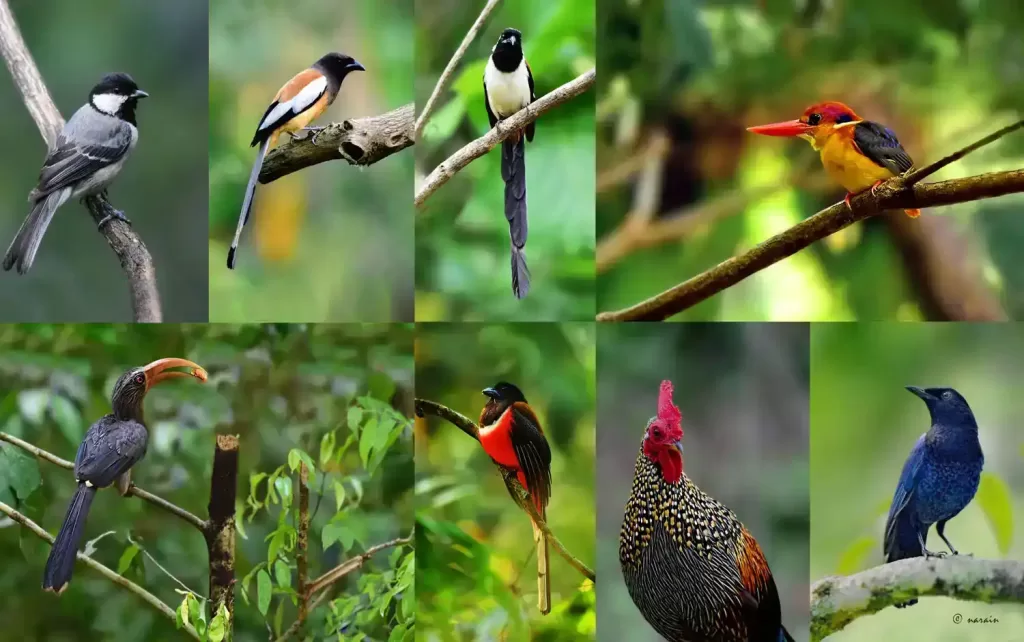 This image was photographed at Thattekad , yet another birding hot spot of Kerala. The image features  birds' pictures of Malabar Whistling thrush, Grey jungle fowl, Malabar Trogon, Malabar grey Hornbill, White bellied treepie and Oriental Dwarf Kingfisher etc.