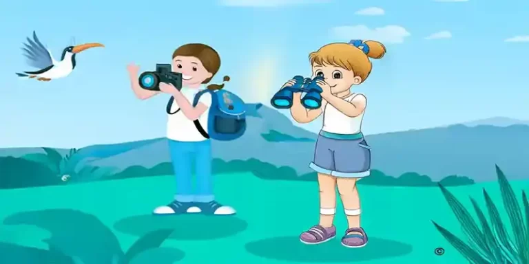 The image represents a cartoon character of a boy and a girl enjoying the birding activity with a bino