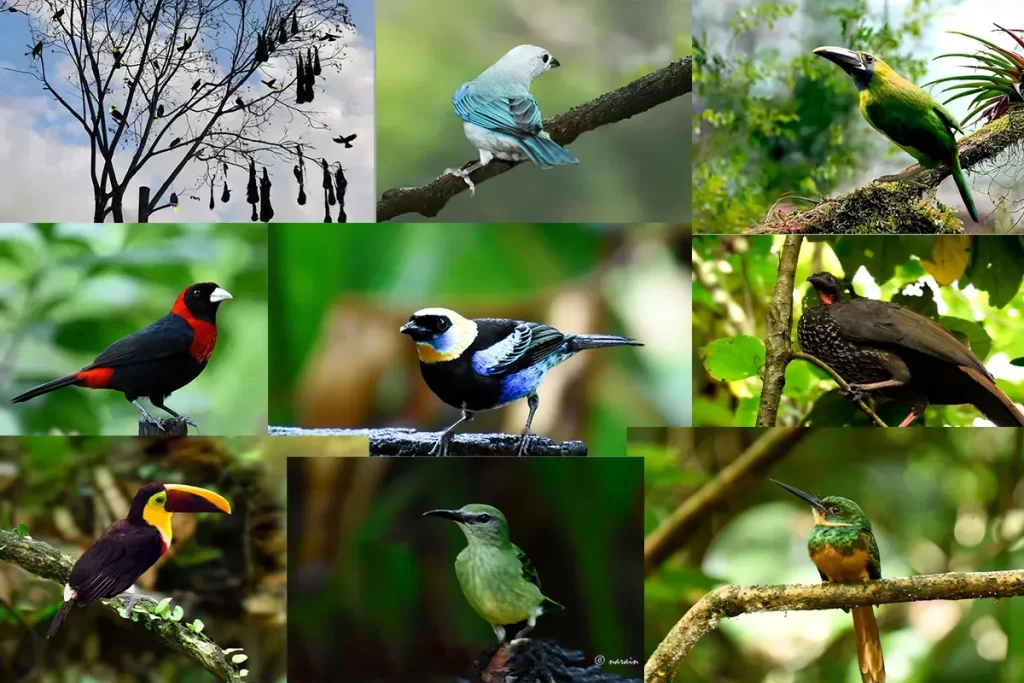 The collage represents, Blue grey tanager, Emerald toucan, Crimson collared tanager, Golden headed tanager, Band tailed guan, Chestnut mandible toucan, Red legged honey keeper (f) , Rufus jacamar/ also a flock of Montezuma oropendola & Keel billed toucans busy in nesting.